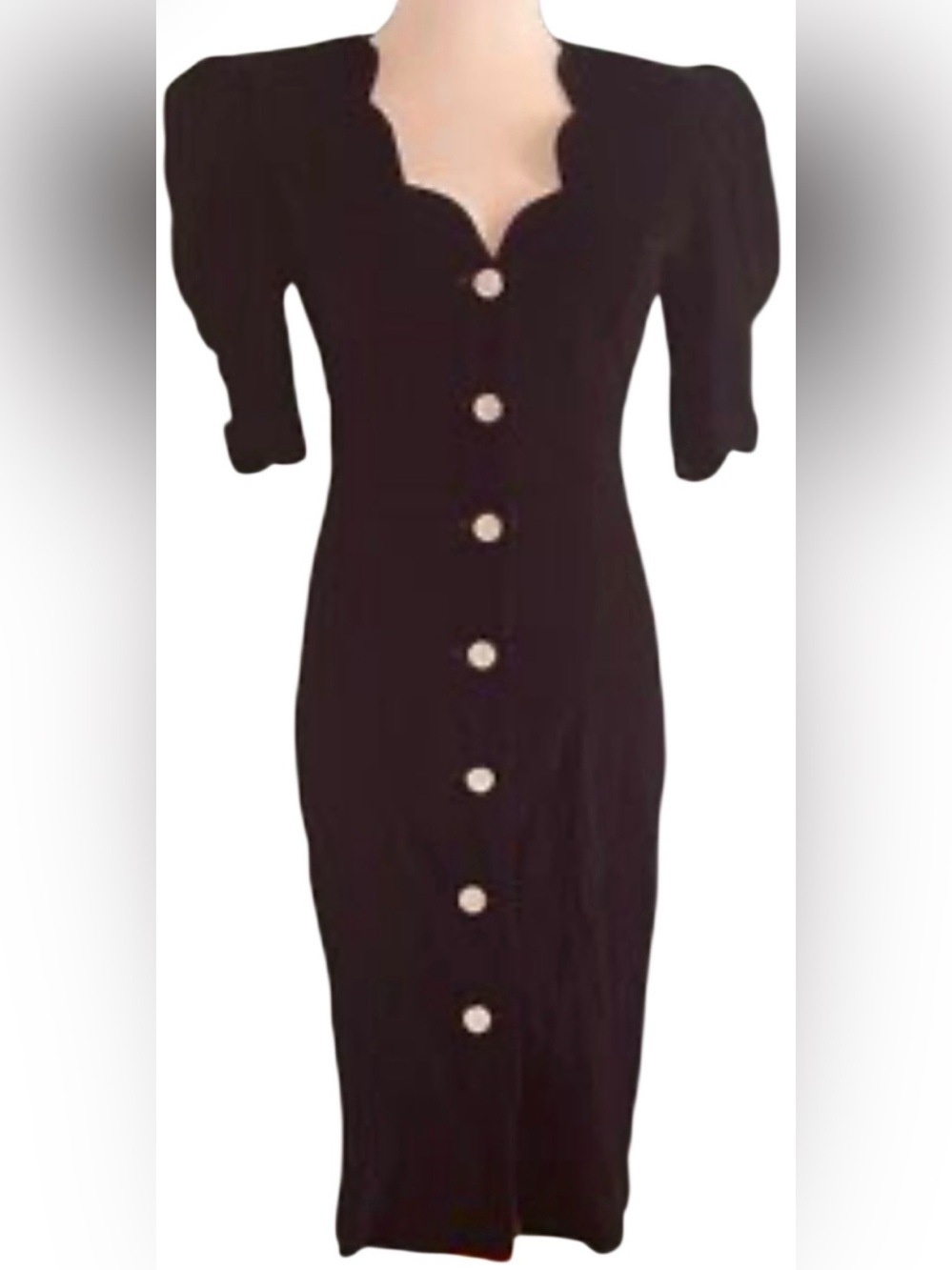 Vintage Puff Sleeve Scallop Neck Midi Velvet Dress